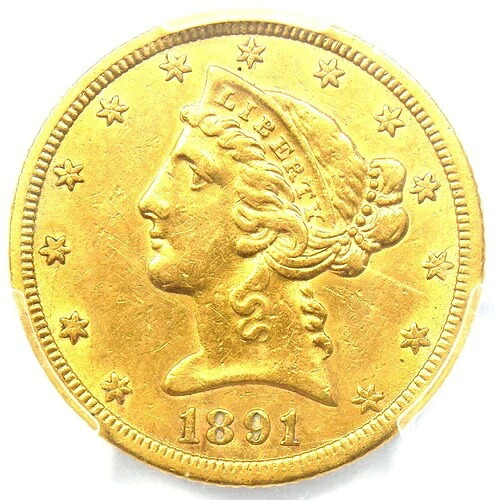 1891-CC リバティゴールドハーフイーグル 5ドルカーソンシティコイン - PCGS AU認定 詳細