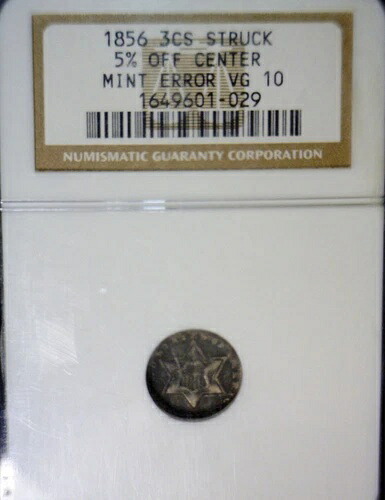 1856年 エラーオフセンター NGC VG10 3セント銀貨 希少 3c O/C 送料無料