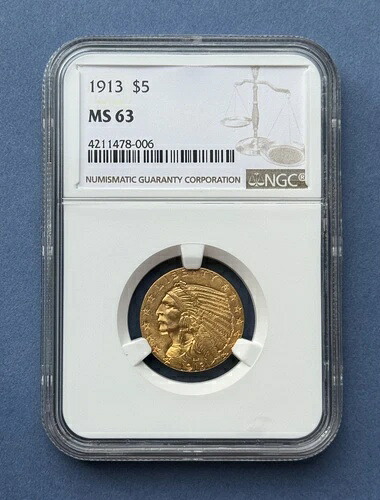 1913年 $5 インディアンヘッドハーフイーグル NGC MS 63-