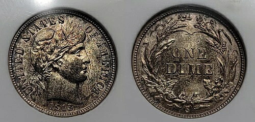 1913年 S バーバーダイム 10c ANACS MS 61 古いANACSホルダー!-
