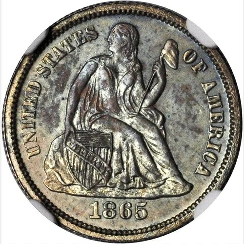 1865年 NGC PR65 ?? 10,000 鋳造 + 500 プルーフ \u003d 4 番目に低い 10c! ???着席ダイム?-
