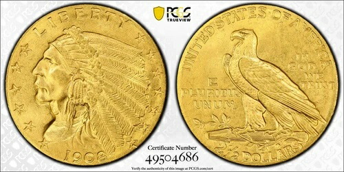 1908年 インディアンヘッドゴールド $2.50 クォーターイーグル PCGS MS 64-
