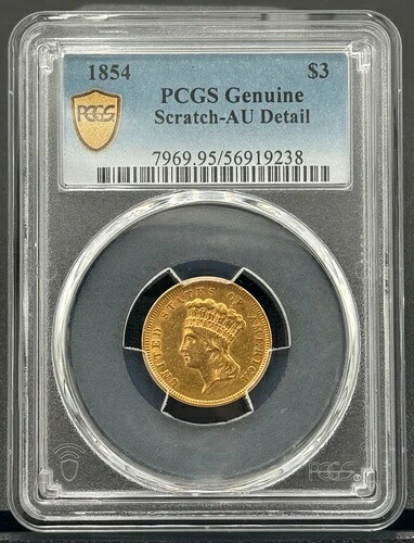1854年 P $3 金インディアンプリンセスヘッド PCGS AU、少量発行、初年度発行