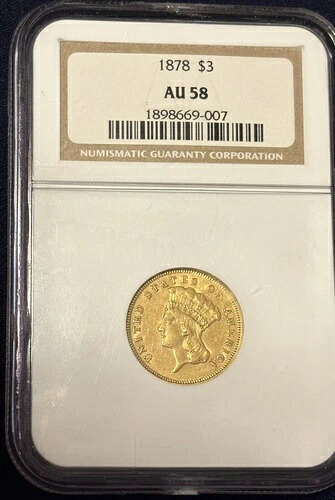 1878年 $3 3ドル インディアン ゴールドピース AU58 NGC-