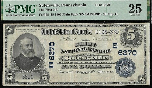 1902 $5 ペンシルバニア州サターズビル国立銀行 CH 6270 # 380
