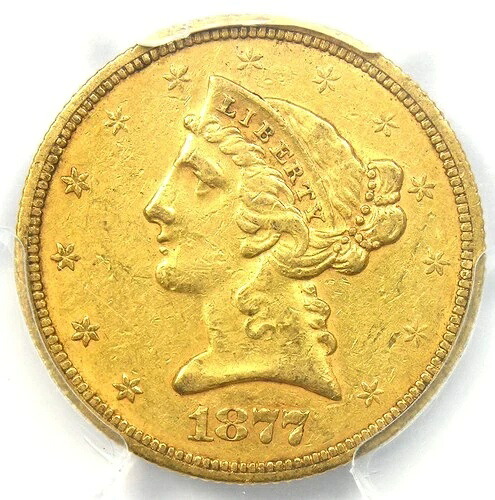 1877-S リバティゴールドハーフイーグル5ドルコイン - PCGS AU50認定 - 価値2,750ドル
