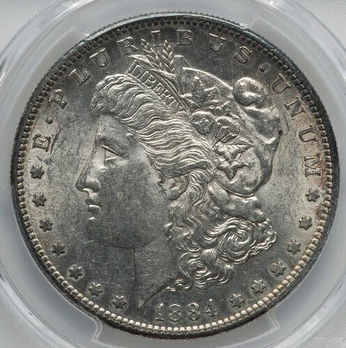 モーガンシルバー1884-S PCGS AU-55！ 反射面のようなプルーフ。