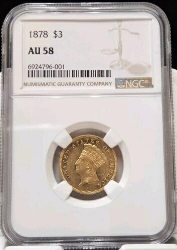 1878年 $3 3ドル ゴールドピース NGC AU58-