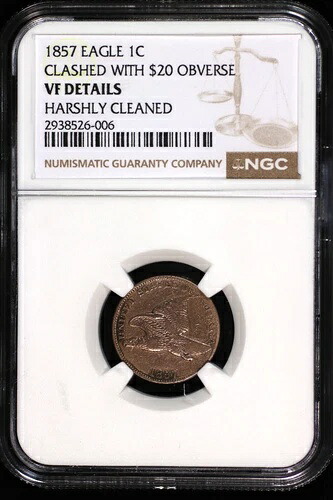 1857年製 フライングイーグル セント スノー7 NGC VF、ダイが20ドルと衝突。ロット番号：9049-322-57
