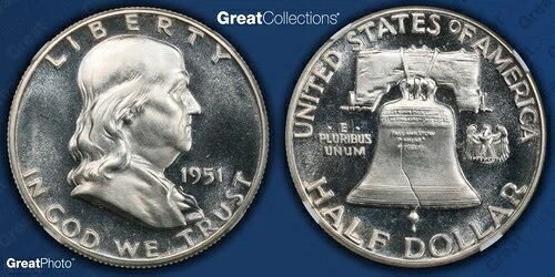 1951年 CAC フランクリン ハーフダラー プルーフ NGC PF 66 CAMEO PR66CAM フロスティコイン 50セント 406,395円