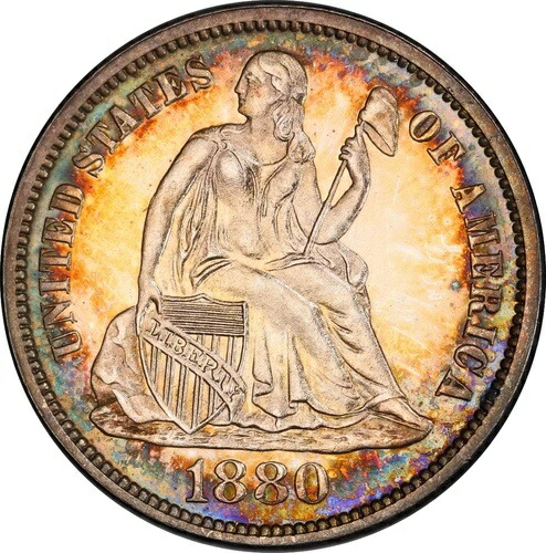1880年 プルーフシーテッドダイム PCGS PR65 素晴らしいアピール 絶妙なトーニング 宝石プルーフ !-
