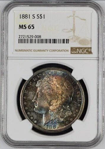 1881-S モルガン銀貨 NGC MS65 - 素晴らしい金、青、そして海のような緑