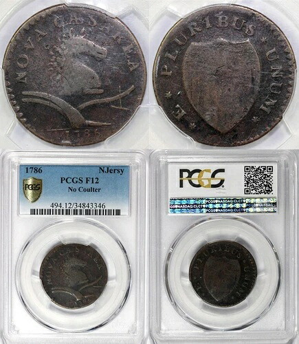 1786年 1C コールターなし ニュージャージー コロニアル銅 PCGS F12-