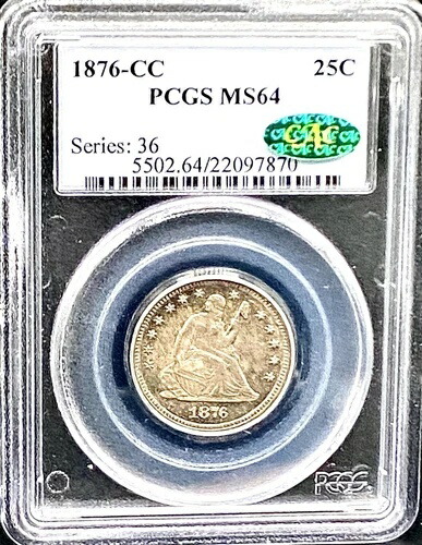 1876CC 自由の女神座像クォーター 25セント PCGS MS64 CAC クールトーニングコイン-