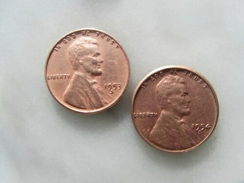 2 - 小麦 1セント硬貨 1953年 S & 1954年 S L 縁にリバティ模様、再打ち抜き