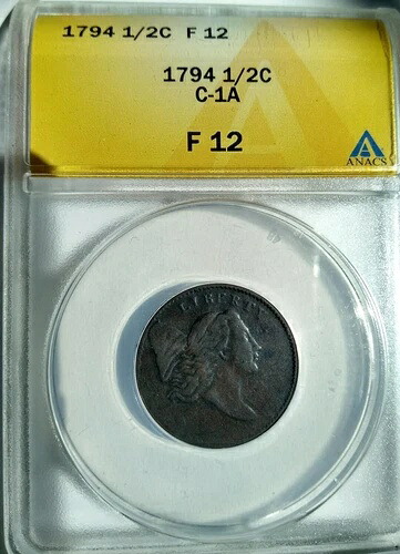 1794年 ハーフセント 1/2セント リバティキャップ C-1A - Lg Edge Letters BN - ANACS F 12