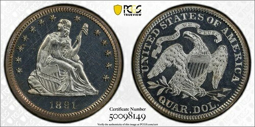 1891年 P自由の女神座像クォーター PCGS PR-64 CAMプルーフ- 416,790円