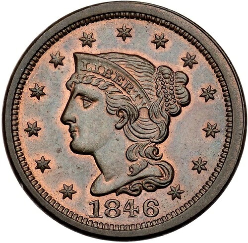 1846 N-2 R-2 PCGS MS 65 BN 編み込みヘア ラージセントコイン 1セント