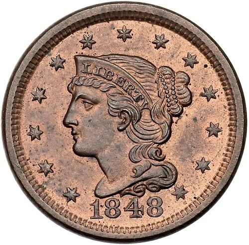 1848年 N-12 R-1 PCGS MS 64 RB 編組ヘア ラージセントコイン 1C-