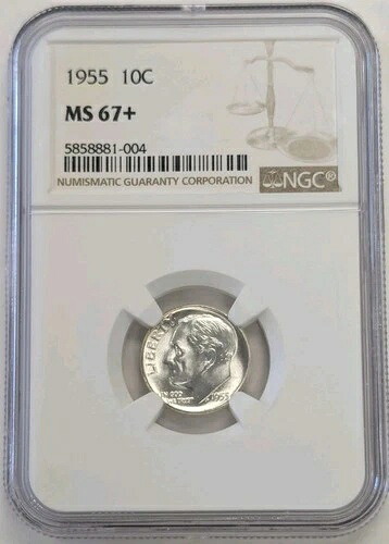 1955年 10セント銀貨 ルーズベルト・ダイム NGC MS67+ #Z362. LOOK-67+