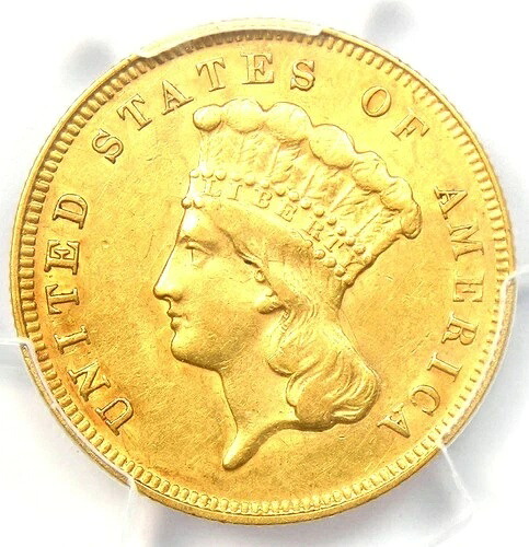 1878 年 3 ドル インディアン金貨 $3 - PCGS AU58 認定 - 2,600 ドル相当!
