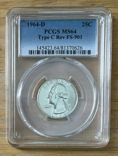 1964 D PCGS MS 64 タイプC リバースワシントンクォーター シルバー 25セント 1965年復刻-