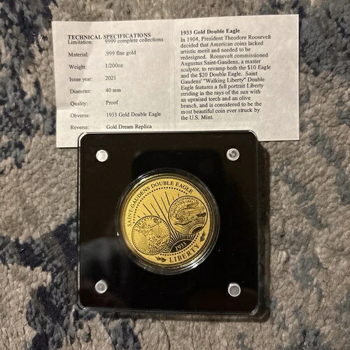 (2021) 1933年 ゴーデンズ ダブルイーグル ゴールド ドリーム コイン .999 純金貨 COA付き