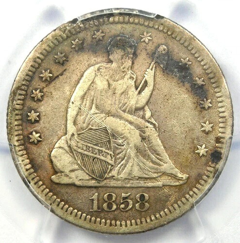 1858-S 着席リバティ 25 セント硬貨 - PCGS VF 詳細 - サンフランシスコの希少な日付!