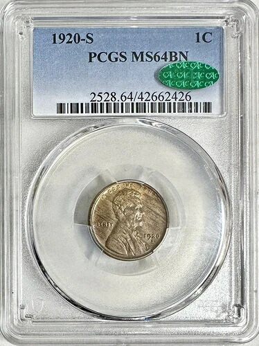 1920年 S リンカーン ウィートセント PCGS & CAC MS64BN 木目調 素晴らしい外観