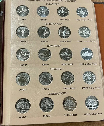 1999年から2008年までの州政府発行クォーター硬貨200枚、BU、プルーフ、シルバープルーフ、ダンスコアルバム2枚