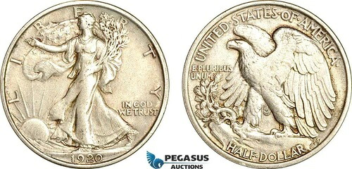 A7/743、アメリカ合衆国、ウォーキング・リバティ・ハーフダラー（50C）1920年S、銀、VF-EF