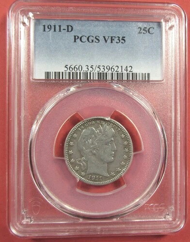 1911-D 25セント PCGS VF35。このグレードでは入手困難な希少な年代。(1025146)