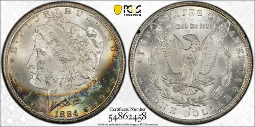 1884年-CC モルガン・ダラー銀貨 PCGS MS-63+ グレード レインボートーン XL スラブ GSA ホード｜WORLD RESOURCE【QUEEN店】