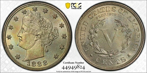 1888-P リバティニッケル Vニッケル 5C PCGS プルーフ PR 65 タイプ2、「セント」付き 希少