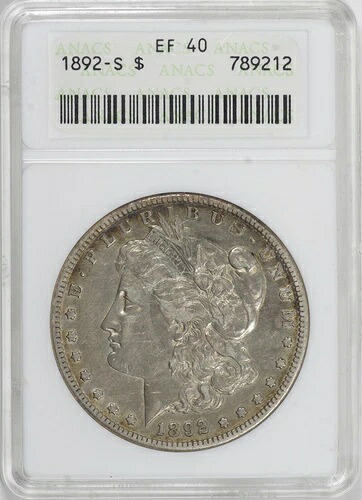 1892-S モルガン銀貨 $1 ANACS EF40、古いソープボックスホルダー [BN212]