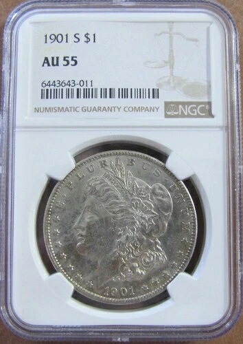 1901 年代 モーガン シルバー ダラー - NGC AU55 - タフ デート ナイス コイン - 送料無料!!