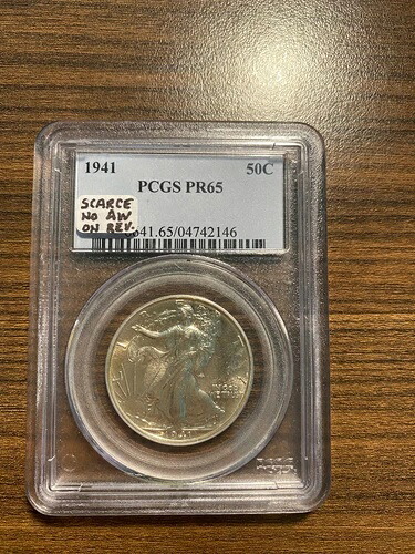 1941-P ウォーキング リバティ シルバー ハーフ ドル 50C PCGS プルーフ 65 PR 65 Rev. の AW なし