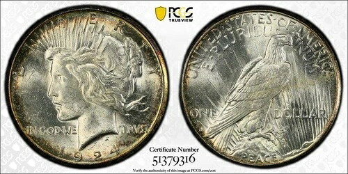 1924年 Sピース銀貨 MS 62 トーン -*DoubleJCoins* P-JL1100-368