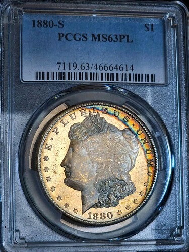 1880-S モルガン銀貨 PCGS MS63PL レインボーテキスタイルトーンコイン プルーフ BU 相当