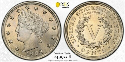 1906年 リバティニッケル PCGS MS65