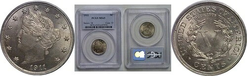 1911年 リバティニッケル PCGS MS-65