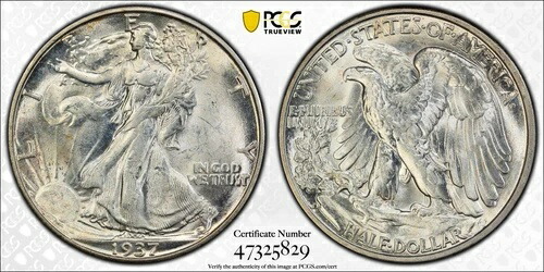 1937 D 歩く自由の女神ハーフドル PCGS MS 63 フロスティホワイト カップル付き-