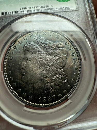 1887年 モルガン銀貨 MS63 CAC 両面トナートーン端末 ブルーグリーン