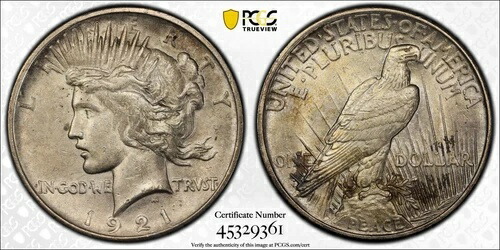 1921年ピースドル PCGS AU58 ハイレリーフ発行