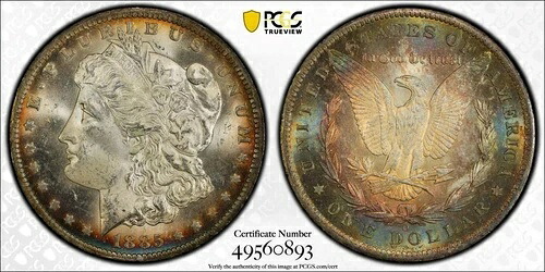 1885-O モーガン 1ドル PCGS CAC MS4+ 光沢レインボートナー mikesartifacts ビデオ