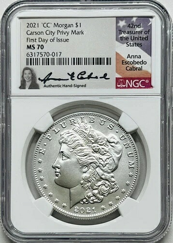 2021CC モーガン シルバー ドル プライベートマーク NGC MS70 FDI カーソンシティ A.CABRAL POP~48