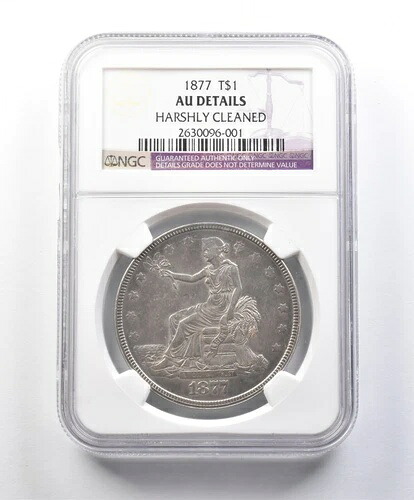 1877年 着席型リバティトレード銀貨 AU 詳細 丁寧に洗浄済み NGC *5437