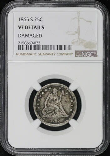 1865-S 着席型自由の女神像 NGC VF 詳細破損（曲がっている/削られている）