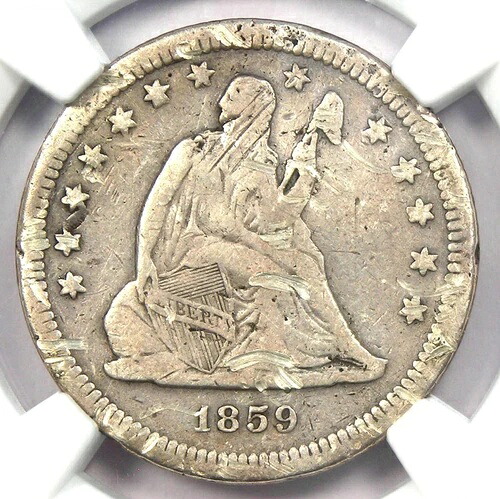 1859-S 着席自由の女神像 25 セント硬貨 - NGC VF 詳細 - サンフランシスコの希少な日付!