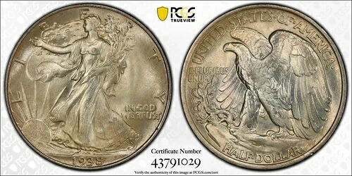 1938年 50セント ウォーキング・リバティ ハーフ PCGS シールド MS66 シャープ w/66 ラスター ライトゴールド クリーン